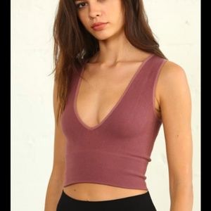 Finely Ribbed Stretchy Plunge V Neck Brami Crop Top Plum Medium
